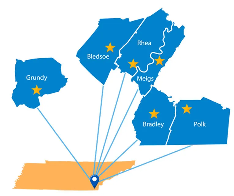 Map showing the six Ocoee Regional Health Corporation clinics and the surrounding communities they serve across Southeast Tennessee